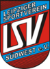 Rot Blau gestreiftes Logo oben gerade unten geschwungen. Mittig steht in großen weißen Buchstaben LSF. Obendrüber Leipziger Sportverein und drunter SÜDWEST e.V.