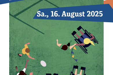 Flyer zum Sportfest mit verschiedenen Personen von oben aufgenommen