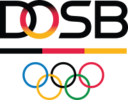 In Großbuchstaben DOSB. Darunter ein Balken in 3 Teilen und den Farben Schwarz Rot Gold, Darunter die 5 Olympischen Ringe